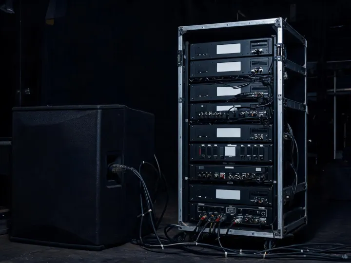 Subwoofer and amplifier rack in a venue system