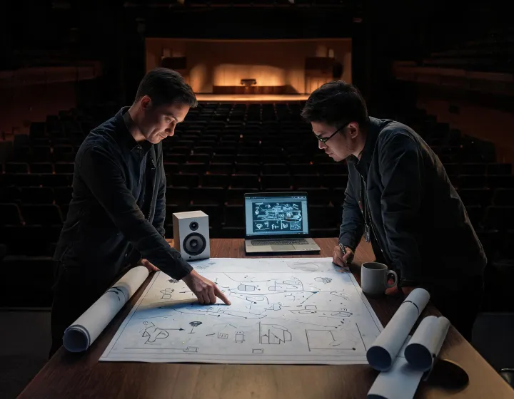 Audio consultant reviewing a venue system drawing